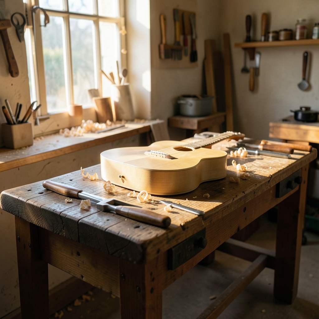 Warm morning light falls across a wooden workbench holding an unfinished guitar body, with tools and wood shavings nearby.