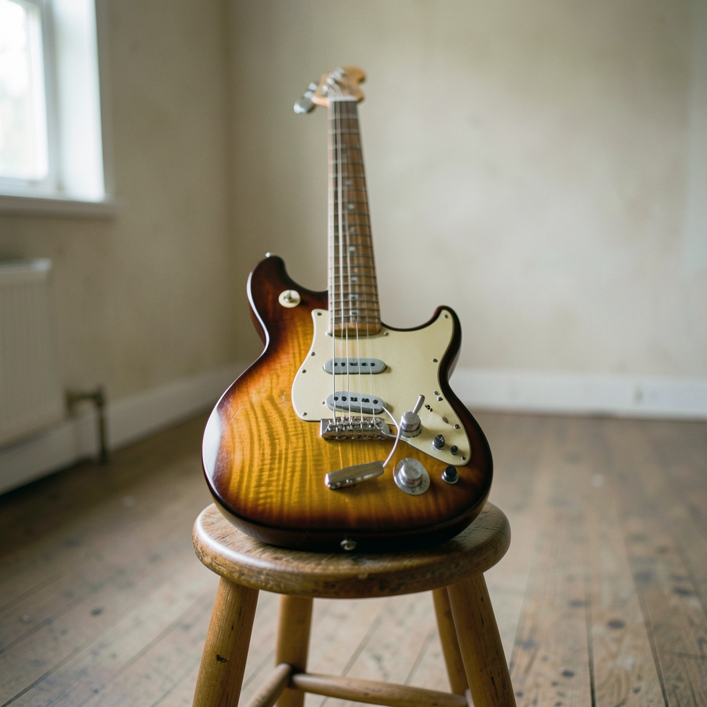 Sunburst electric guitar with a maple neck resting on a wooden stool in a warm rehearsal room, soft window light across the strings and body.