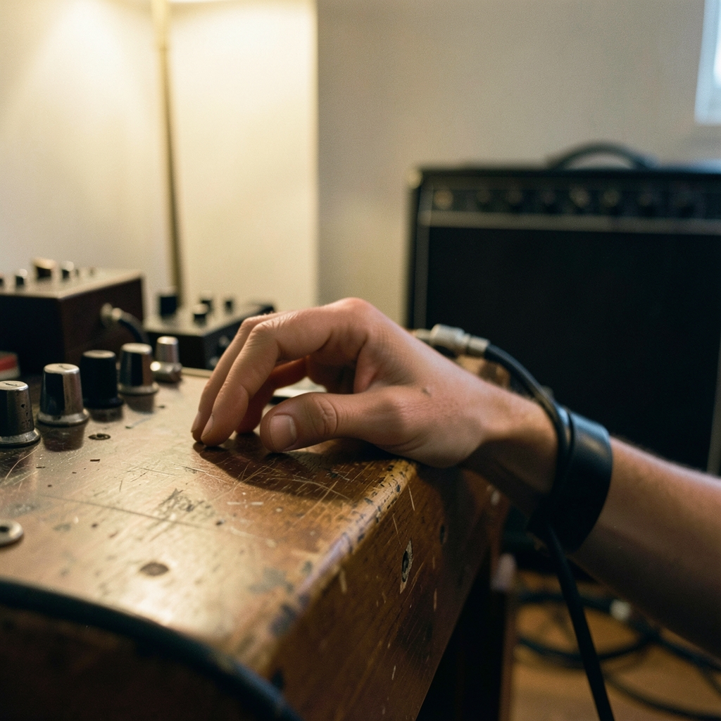 Close view of a guitarist's hand on a wooden pedalboard, with a cable linking a stompbox to an amplifier in a warm home studio.