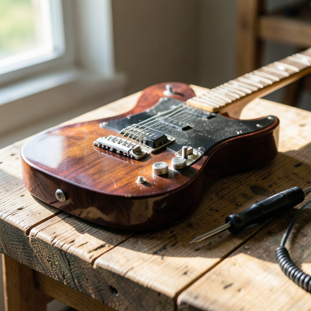 Electric guitar body on a wooden workbench with the pickguard removed, beside a screwdriver and soldering iron.