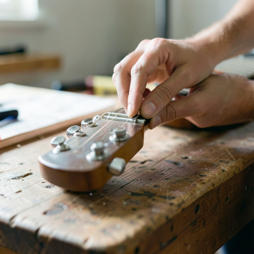 Hands turning a tuning peg on an electric guitar headstock at a wooden workbench in soft daylight.