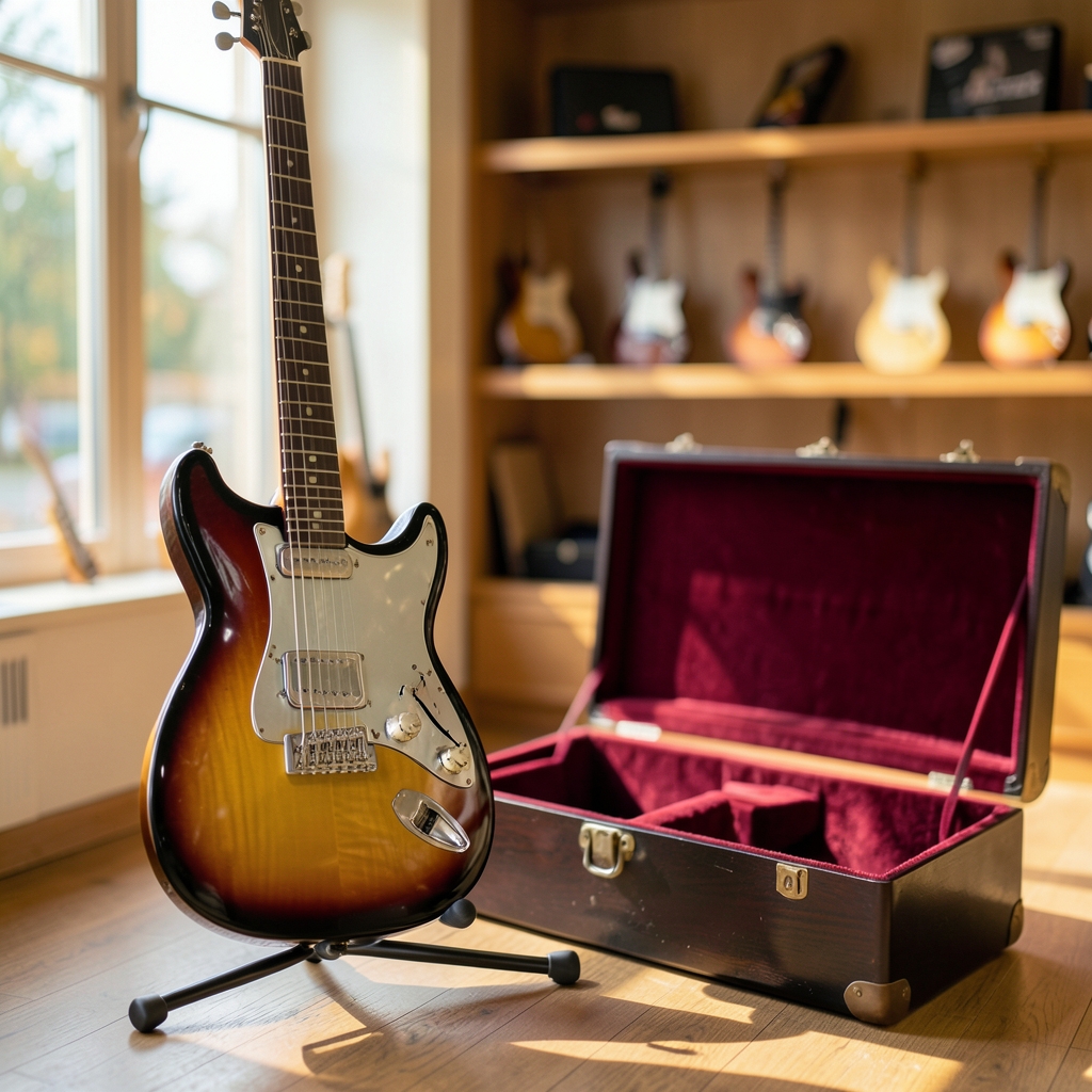A sunburst electric guitar on a stand in a warm, sunlit music shop, with an open case nearby and wooden shelves in the background.
