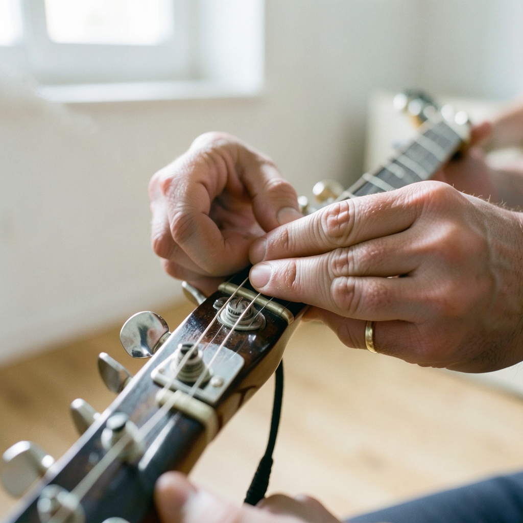 Close-up of hands turning a tuning peg on an electric guitar headstock in soft window light.
