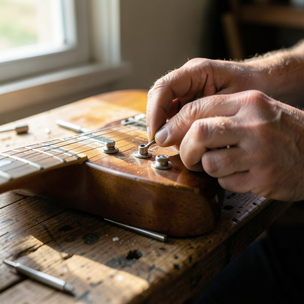 Close-up of a guitarist's hands fitting a single-coil pickup into a Stratocaster-style guitar body on a wooden workbench in warm window light.