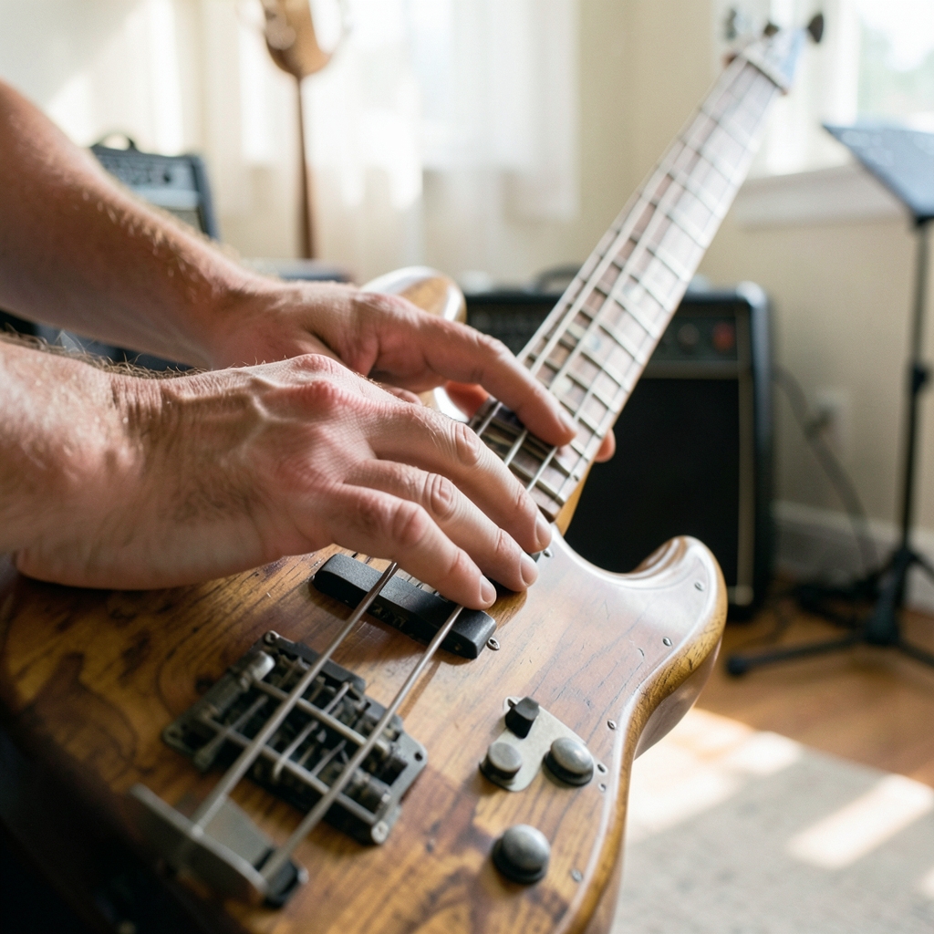 Close-up of a bassist's hands resting on an electric bass guitar in a bright home practice room with soft window light.