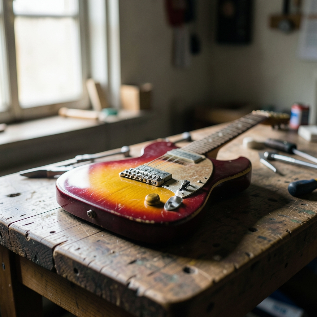 A vintage sunburst electric guitar resting on a worn wooden workbench in a dim workshop, with warm window light across its strings and tools.