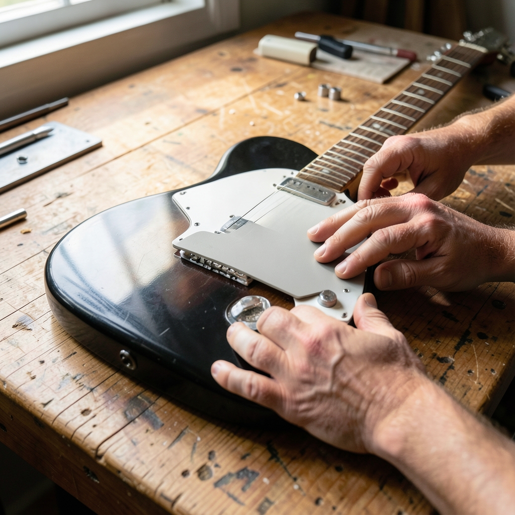 Hands lining up a plain pickguard on an electric guitar body resting on a wooden workbench in soft window light.