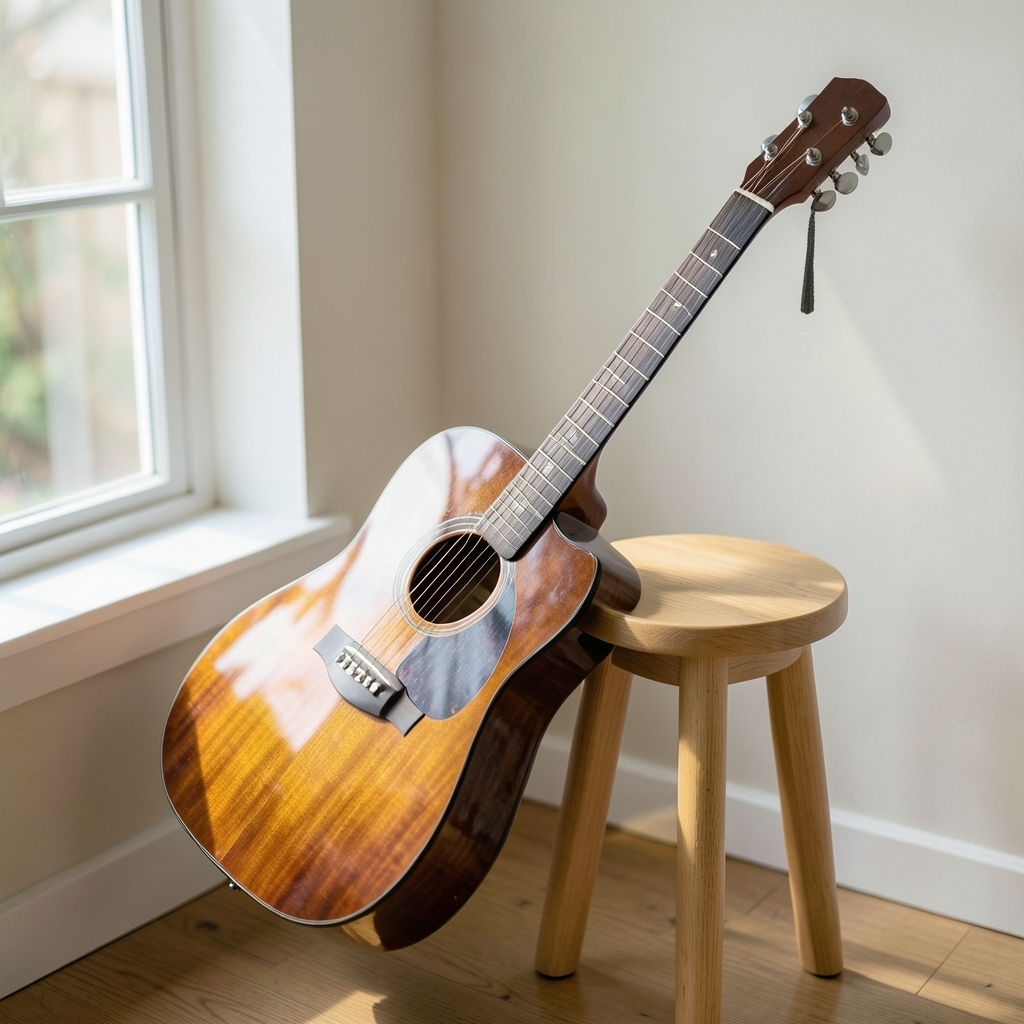 A natural-wood acoustic guitar with a cutaway leaning on a wooden stool in warm window light.