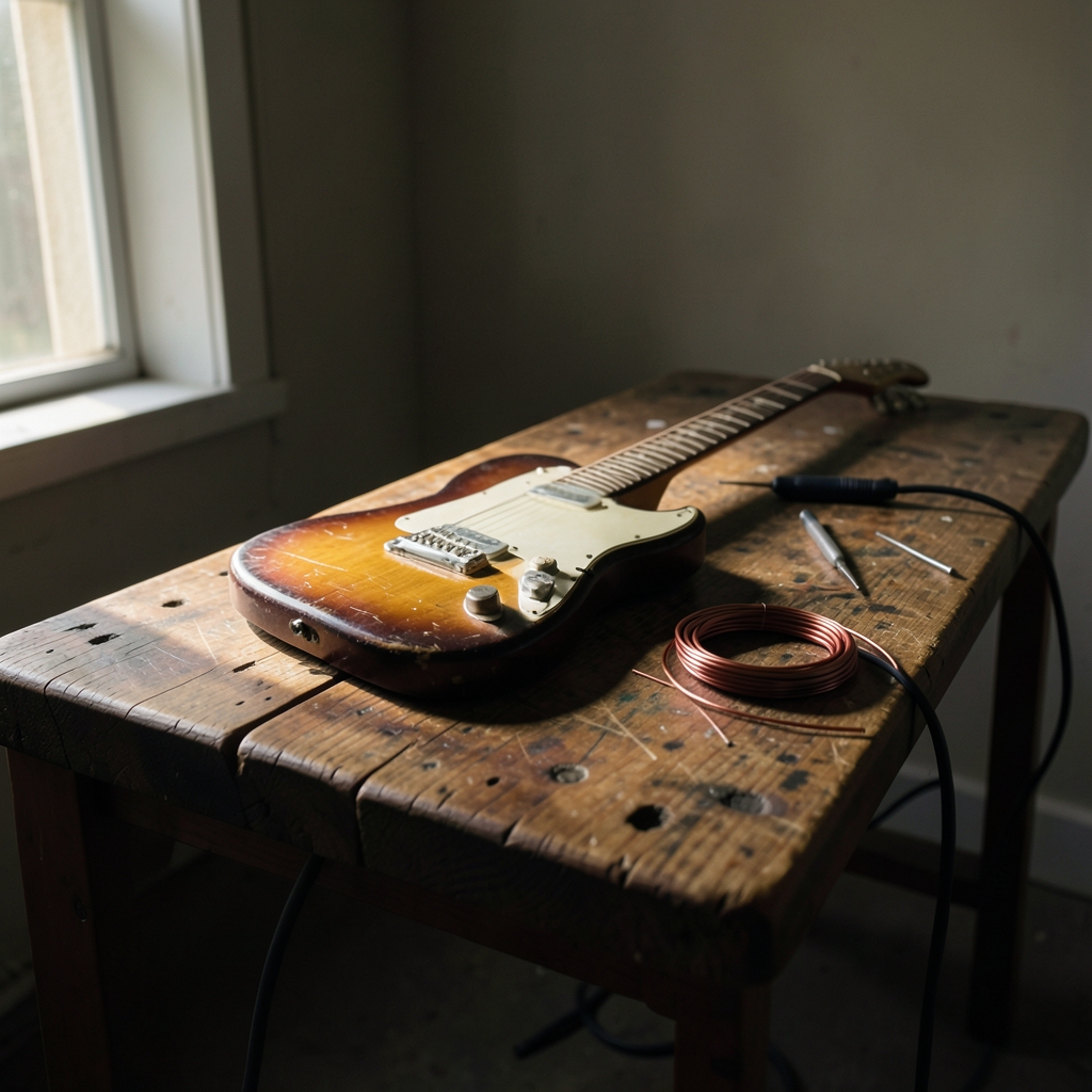 Vintage electric guitar resting on a wooden workbench beside coiled copper wire and a soldering iron, lit by window light.