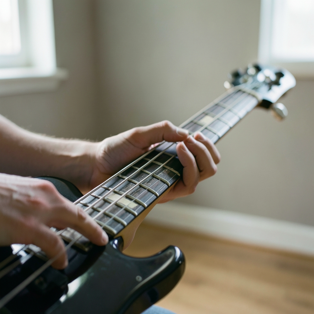 Close-up of a player's hands resting on the neck of an electric bass in a home practice room with soft window light.
