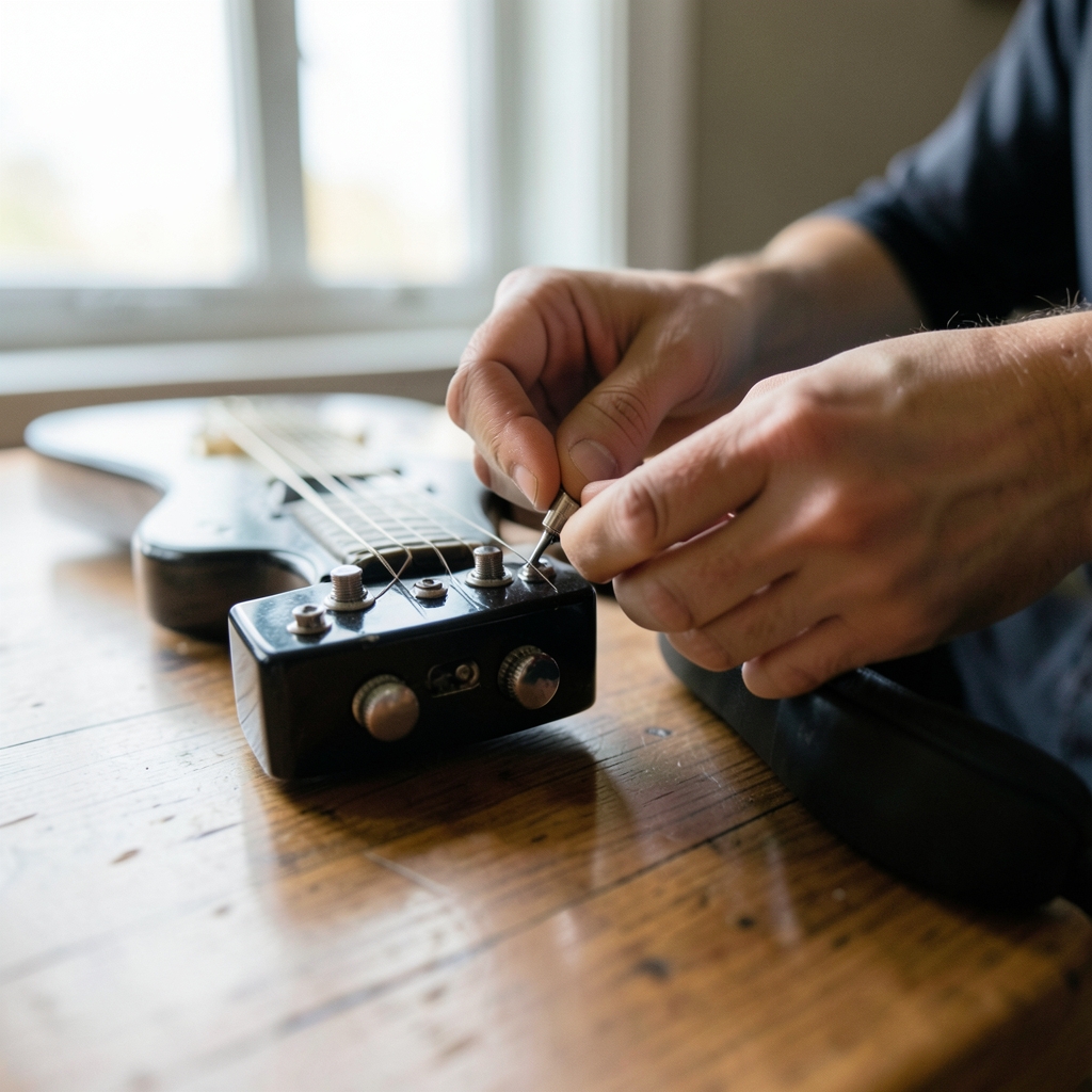 Close-up of hands adjusting the tuning pegs on an electric guitar in soft window light