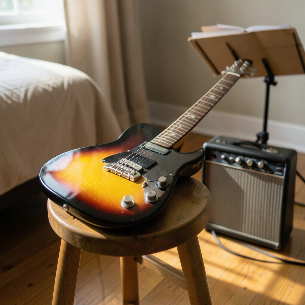 A sunburst electric guitar leans on a wooden stool beside a small amp and music stand in a sunlit bedroom, inviting a beginner to practice.