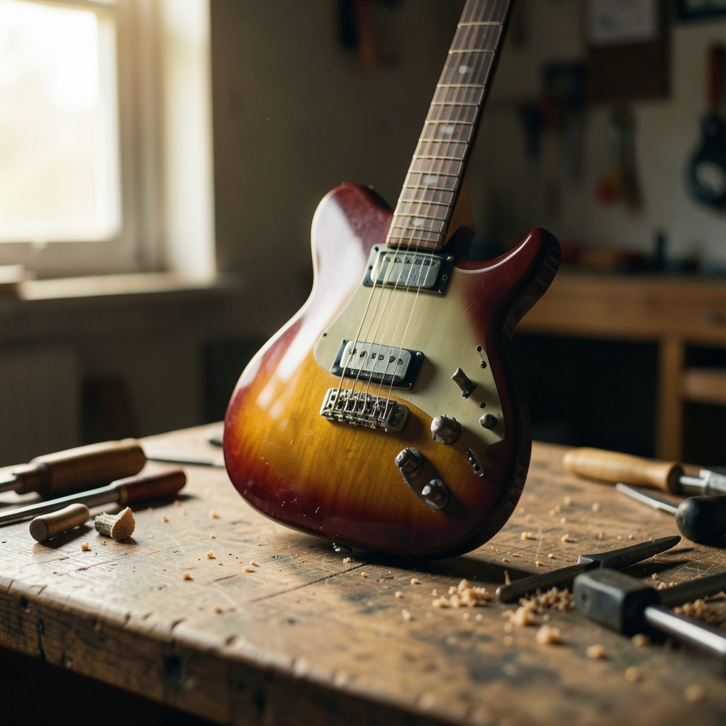 An electric guitar with a sunburst finish leans against a wooden workbench in a warmly lit workshop.