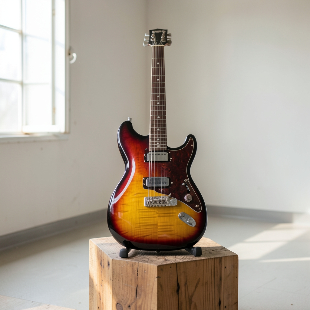 Sunburst solidbody electric guitar resting on a wooden stand in a bright practice room by a window.
