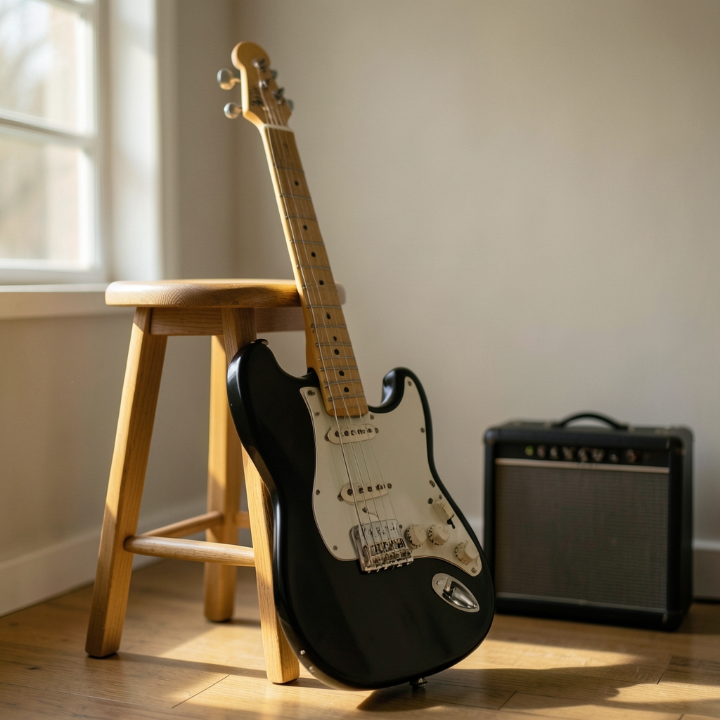 An electric guitar leaning on a wooden stool beside a small practice amplifier in a warmly lit bedroom.