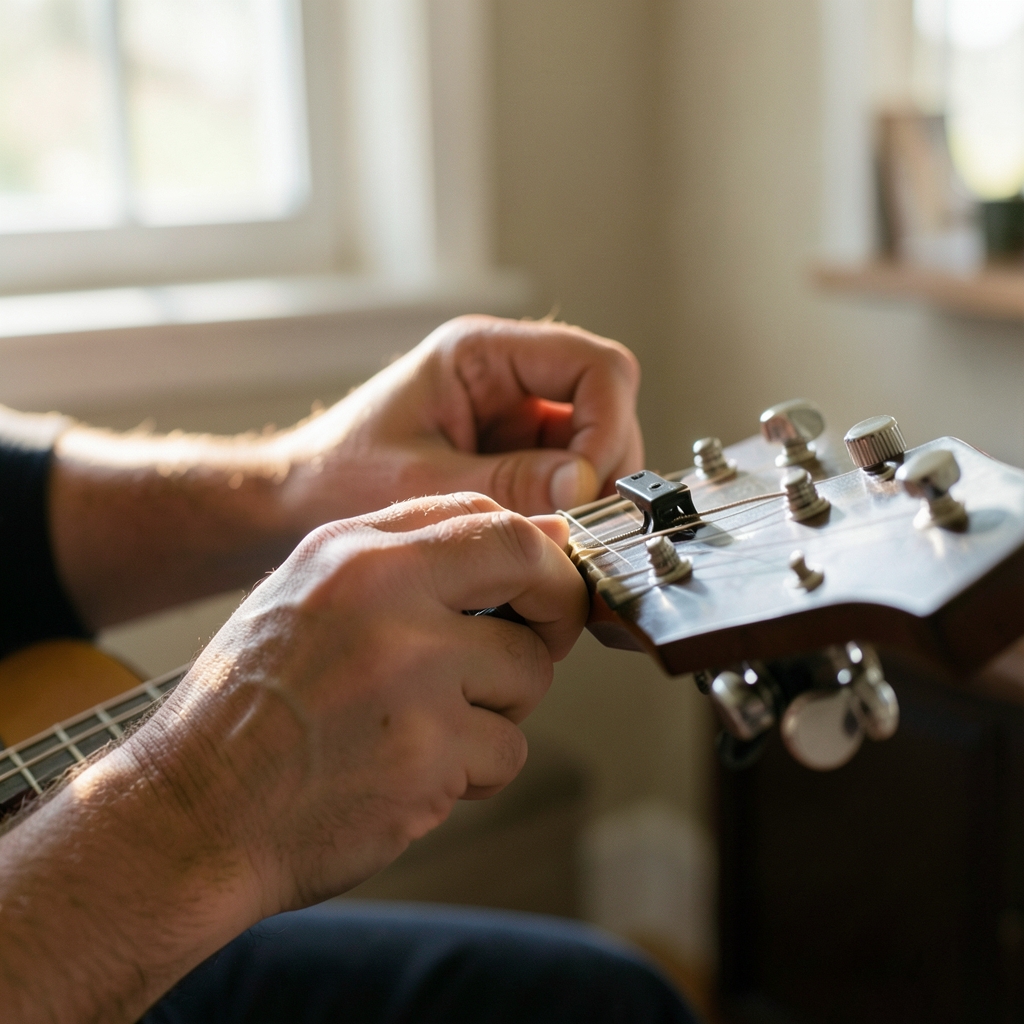 Close-up of a person's hands turning a tuning peg on an electric guitar headstock in a warm home practice room.