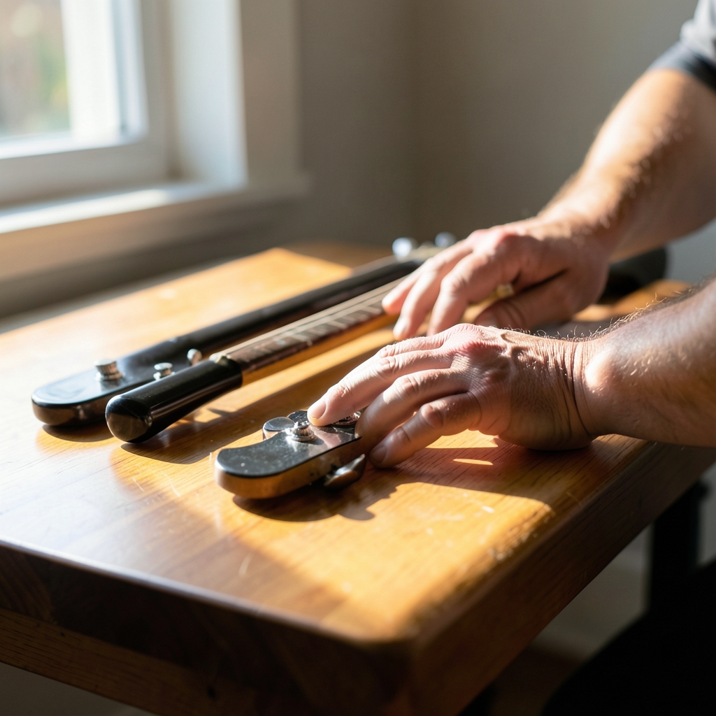Electric guitars resting on a wooden workbench in soft window light, headstocks turned away from the camera.