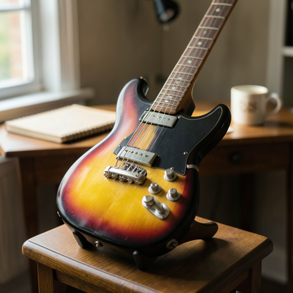 Electric guitar with a sunburst top resting on a wooden stand in a warmly lit home studio.
